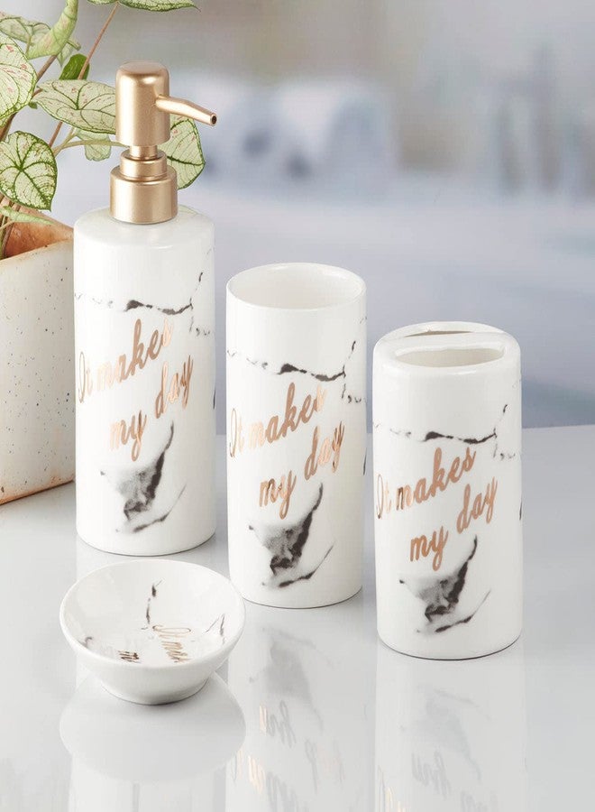 Kookee Ceramic Bathroom Set - Stylish 4 Piece Bath Accessories Kit with Soap Dispenser, Toothbrush Holder, Tumbler & Soap Dish - Modern & Designer Decor for Home & Guest Bathrooms, White/Gold (7694) - Image 1